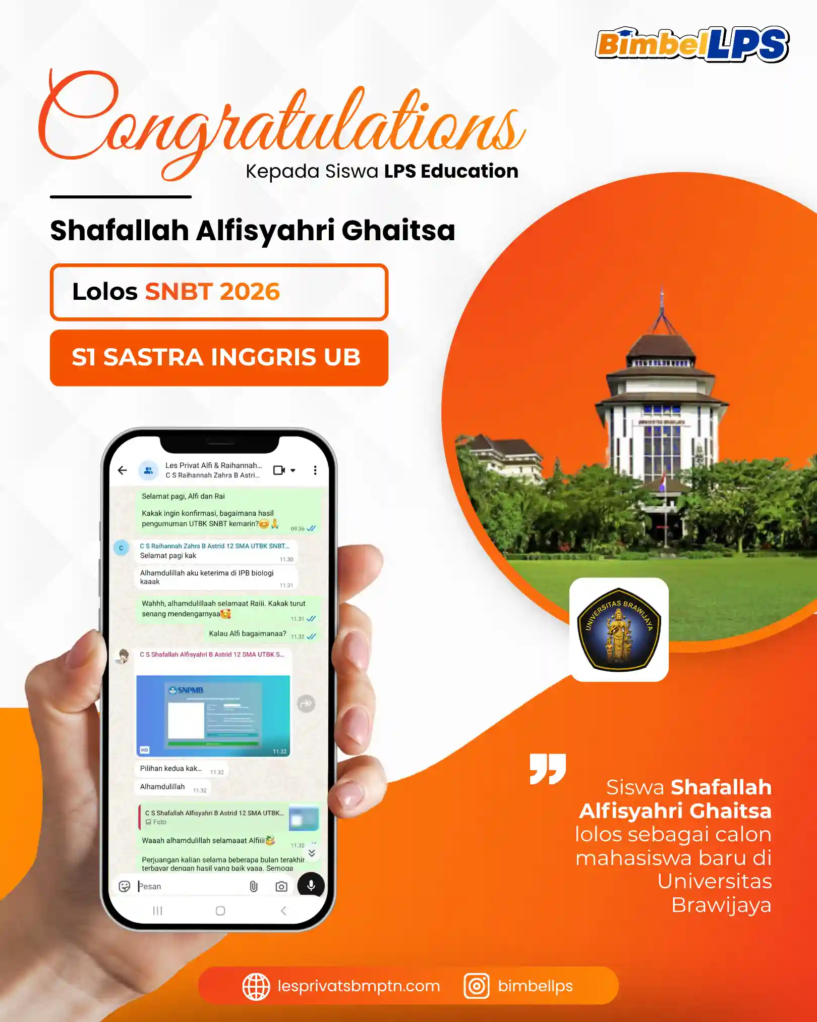 Shafallah Alfisyahri Ghaitsa Lolos SNBT 2026 S1 Sastra Inggris UB
